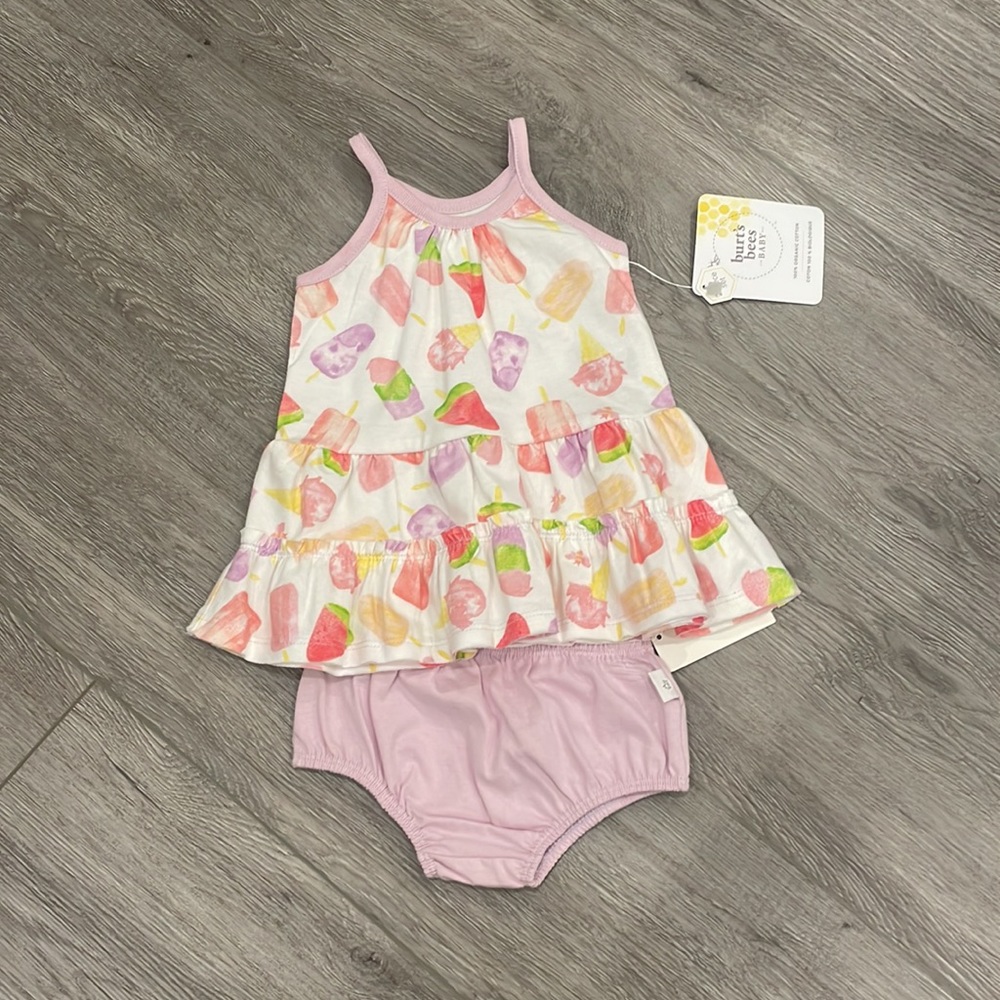 🆕 BURT’S BEES organic cotton Summer Sweets Dress & Diaper cover Size 3-6 M K19